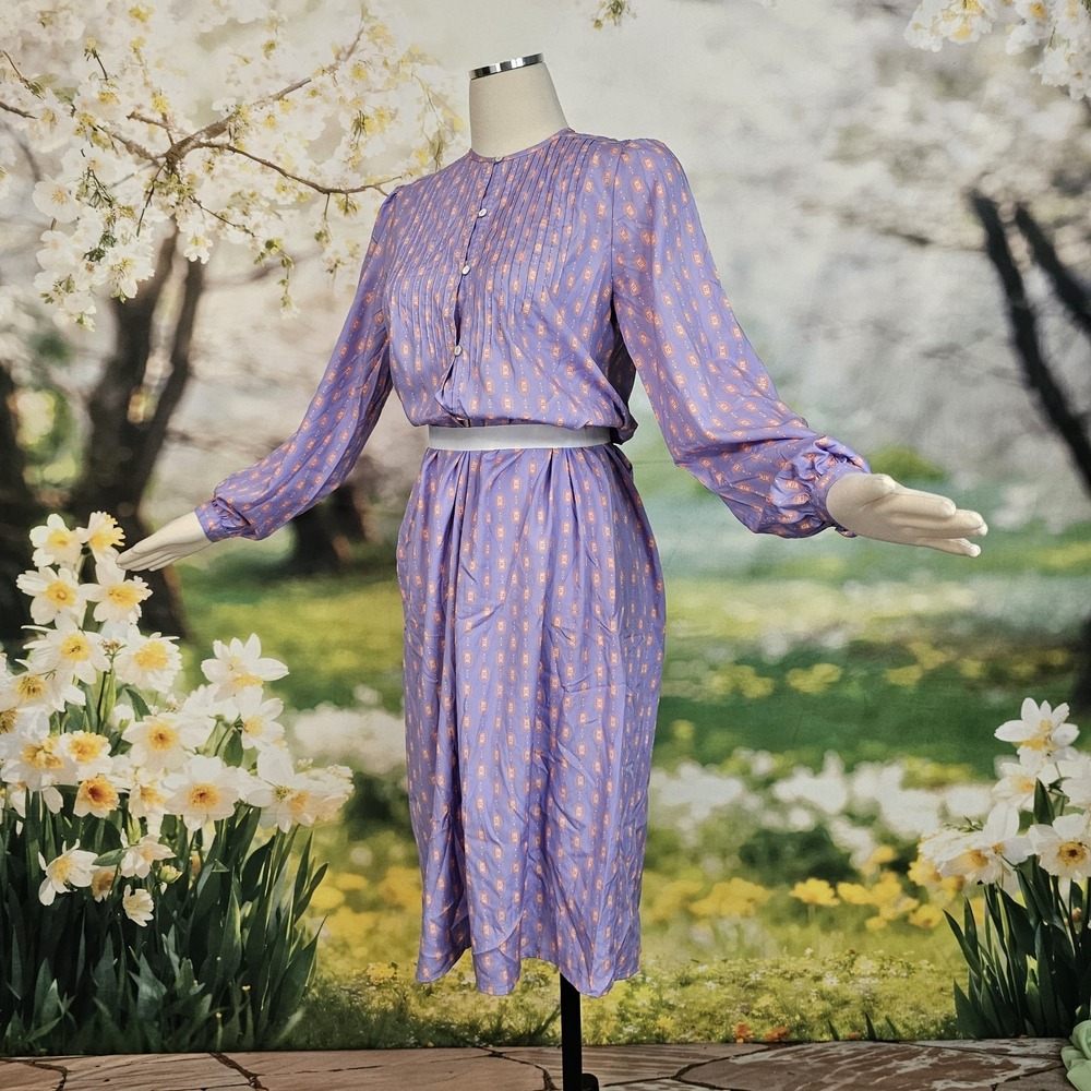 Vintage 1980's Dress Lilac Purple Print Long Sleeve Silky Retro Button Front‎ - Picture 8 of 12